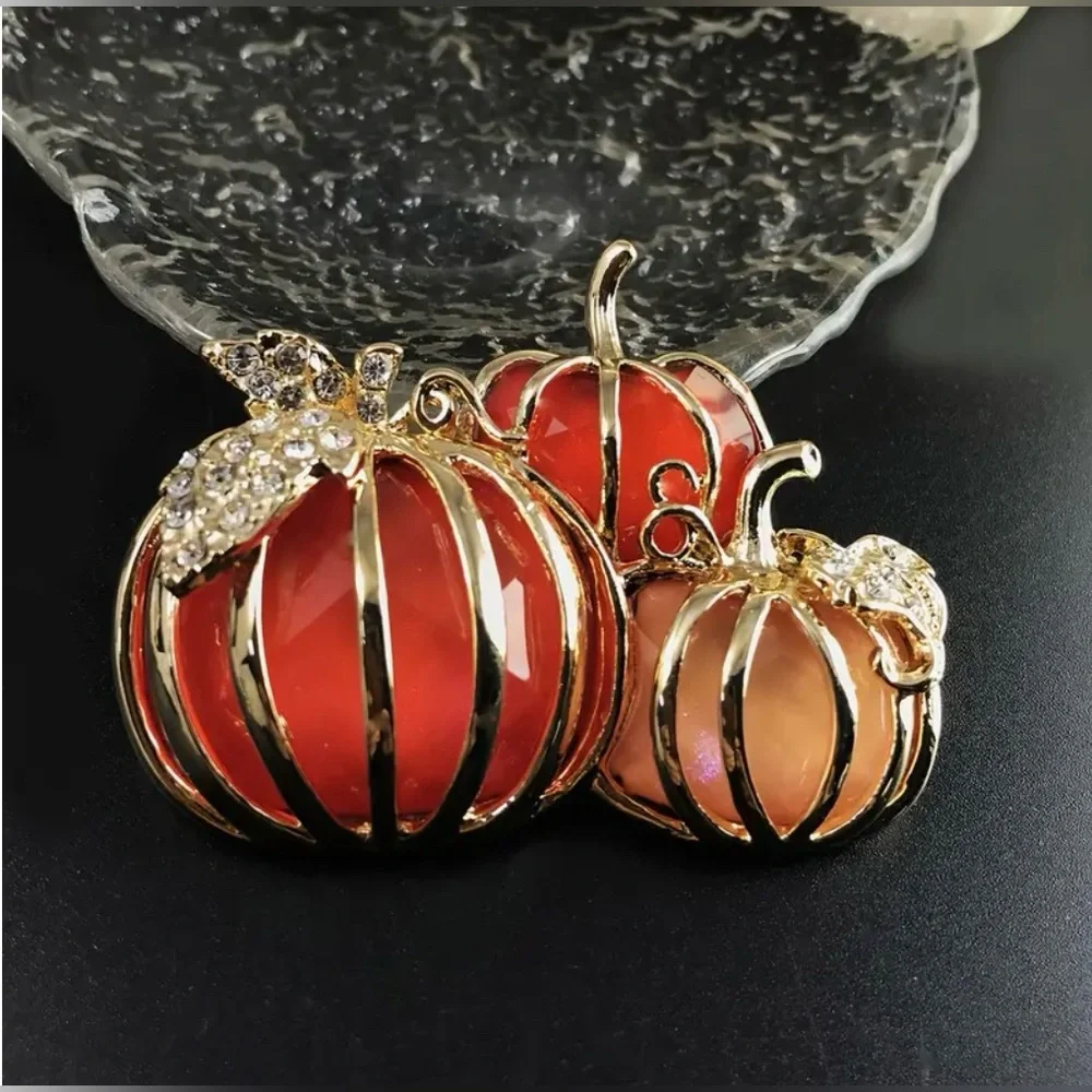 Pumpkin Trio Enamel & Rhinestone Brooch Pin Halloween Thanksgiving Autumn